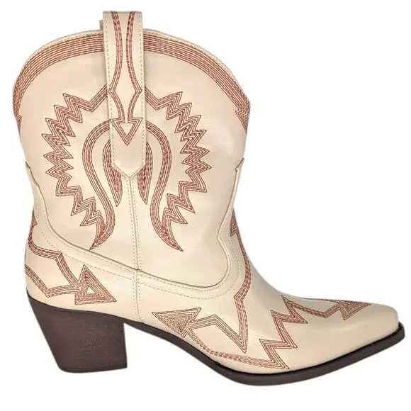 Hochfart Cream Western Ankle Boots Embroidered Leather Size 10 New - Picture 1 of 8
